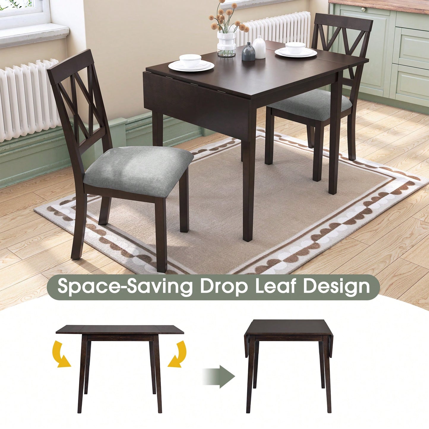 Extendable 29 To 45 Inch Dining Table For 4 With Rubberwood Legs Space-Saving Folding Kitchen Table For Small Spaces Living,Dining Room
