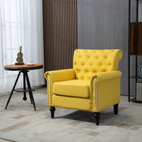 Mid-Century Modern Accent Chair With Tufted Back And Wood Legs Upholstered Lounge Armchair For Living Room And Bedroom Yellow