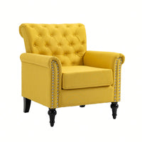 Mid-Century Modern Accent Chair With Tufted Back And Wood Legs Upholstered Lounge Armchair For Living Room And Bedroom Yellow