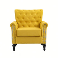 Mid-Century Modern Accent Chair With Tufted Back And Wood Legs Upholstered Lounge Armchair For Living Room And Bedroom Yellow