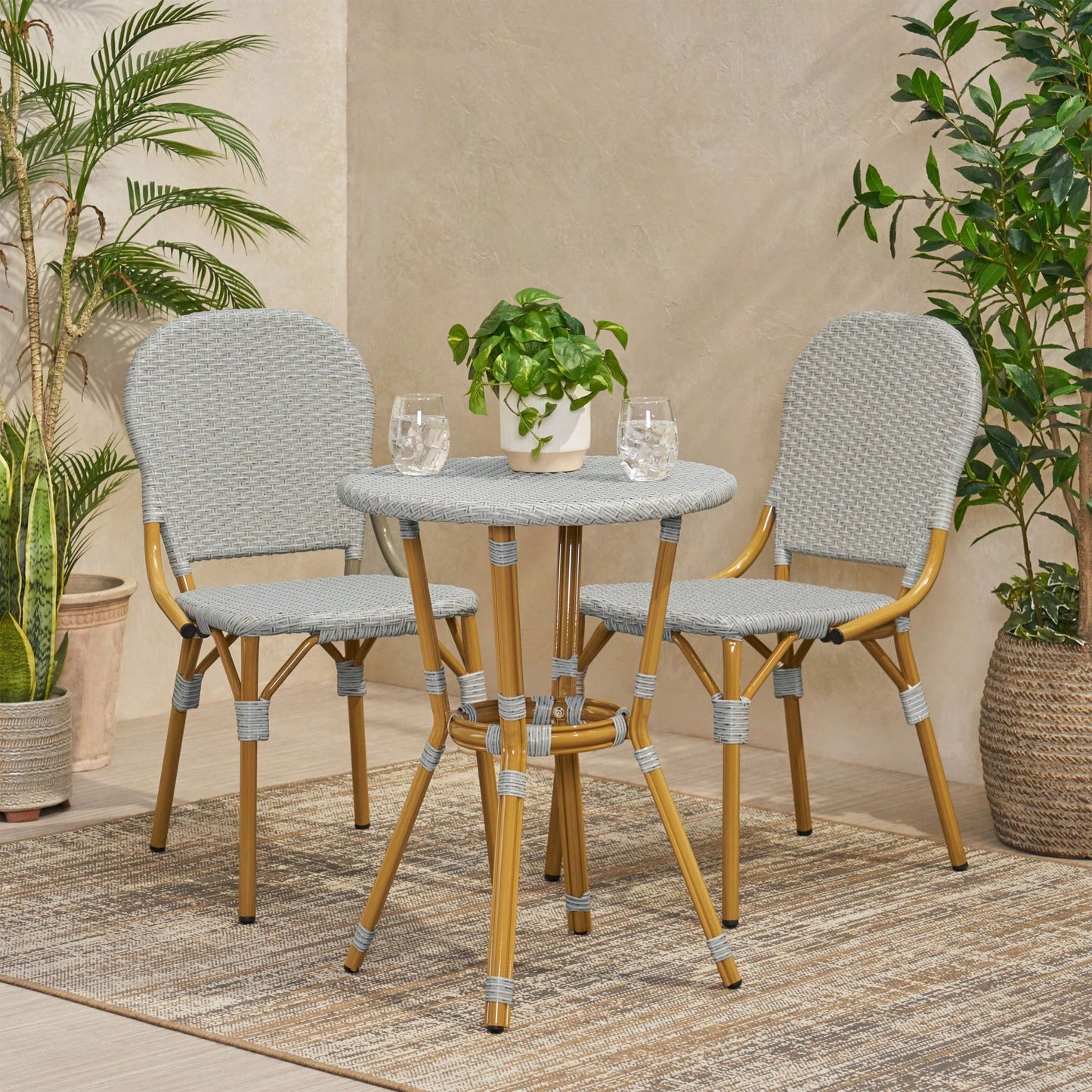 3-Piece Outdoor Aluminum Armless Bistro Set With Gray And Bamboo Finish