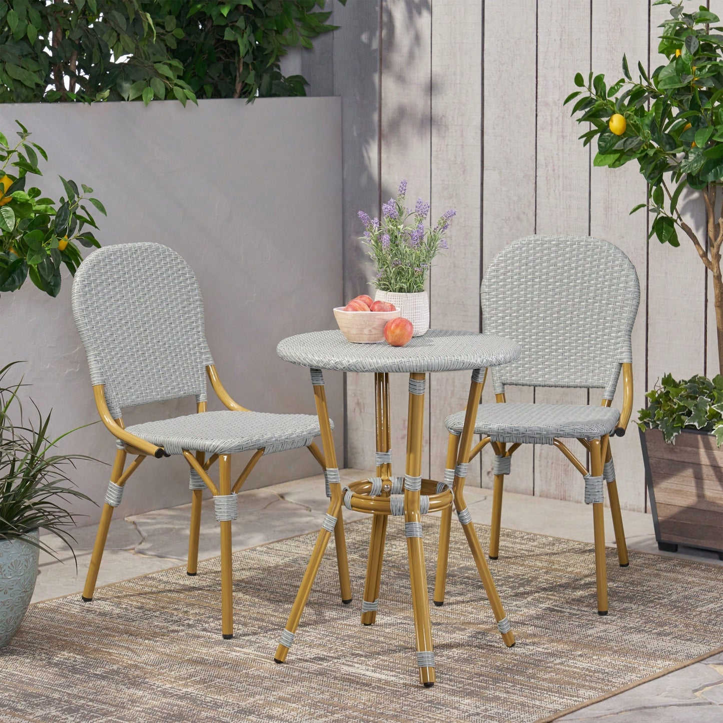 3-Piece Outdoor Aluminum Armless Bistro Set With Gray And Bamboo Finish