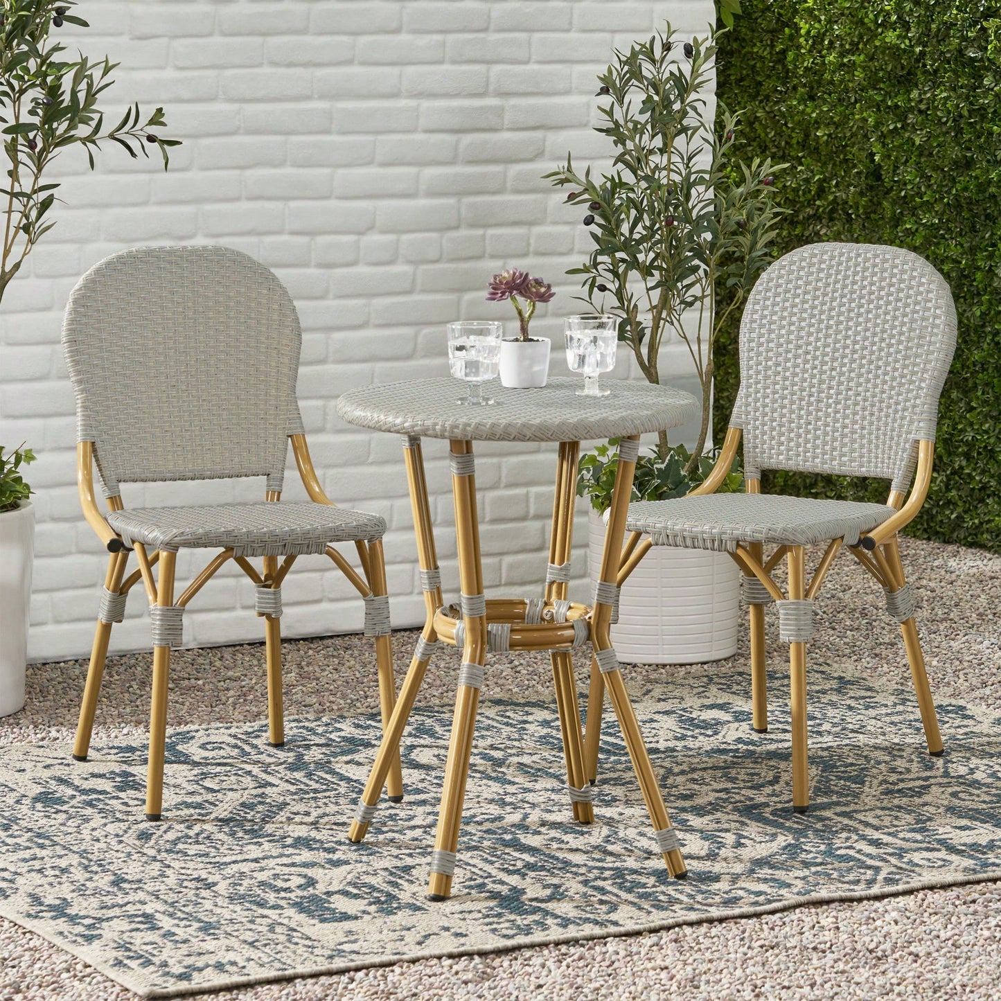 3-Piece Outdoor Aluminum Armless Bistro Set With Gray And Bamboo Finish