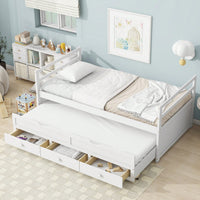 Twin Size Pine Wood Bed With Headboard Footboard Trundle And Storage Drawers In Grey