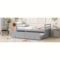 Twin Size Pine Wood Bed With Headboard Footboard Trundle And Storage Drawers In Grey