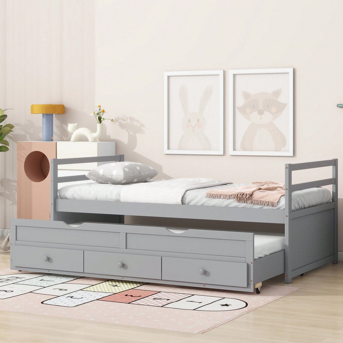 Twin Size Pine Wood Bed With Headboard Footboard Trundle And Storage Drawers In Grey