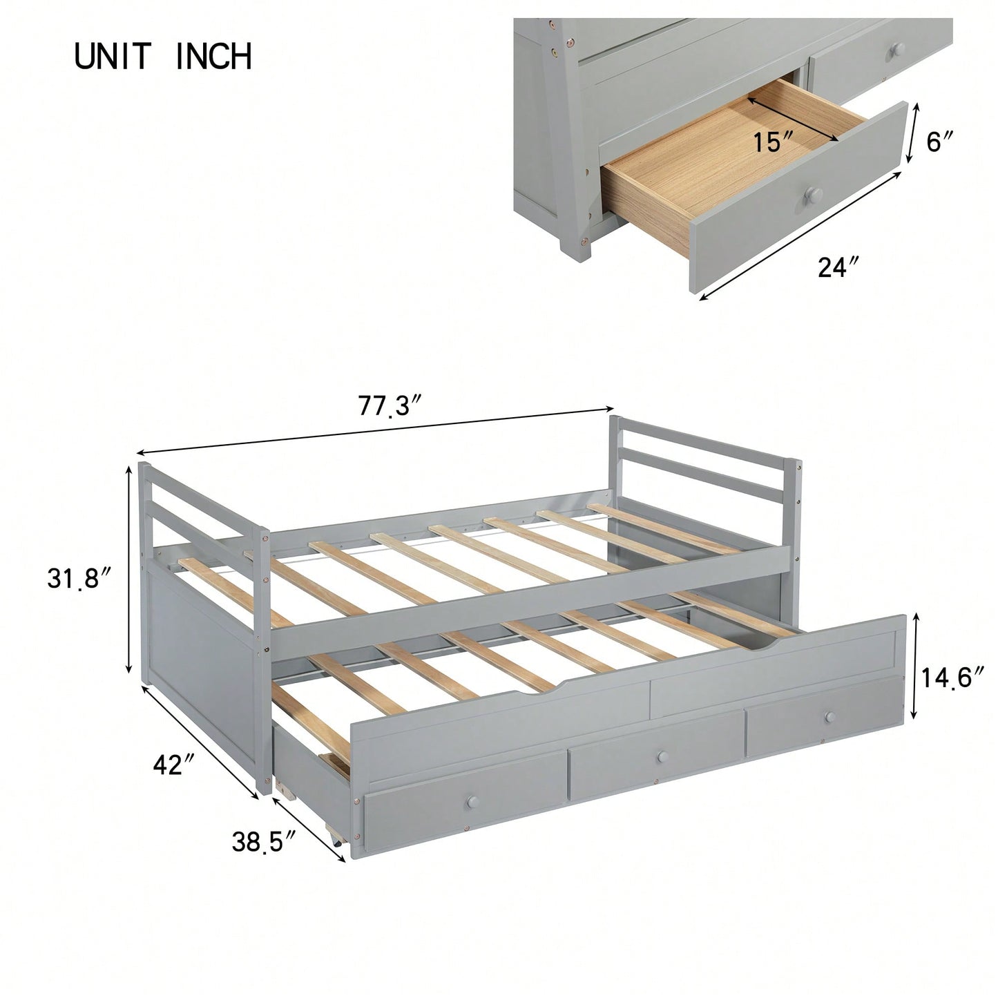 Twin Size Pine Wood Bed With Headboard Footboard Trundle And Storage Drawers In Grey