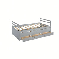 Twin Size Pine Wood Bed With Headboard Footboard Trundle And Storage Drawers In Grey