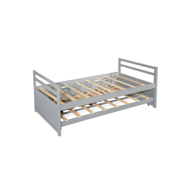 Twin Size Pine Wood Bed With Headboard Footboard Trundle And Storage Drawers In Grey