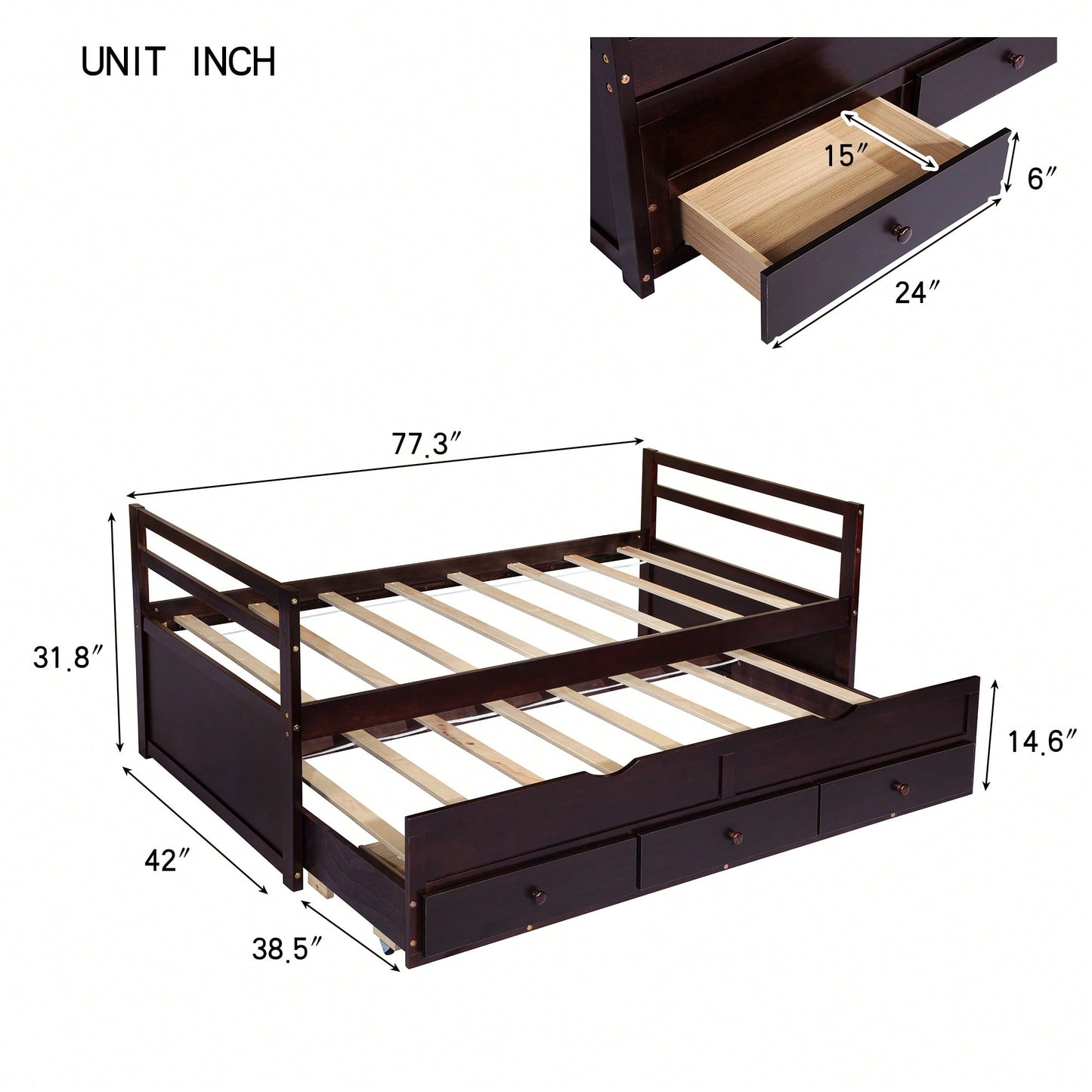 Twin Size Pine Wood Bed With Headboard Footboard Trundle And Storage Drawers In Grey