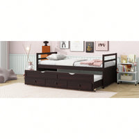 Twin Size Pine Wood Bed With Headboard Footboard Trundle And Storage Drawers In Grey