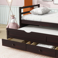 Twin Size Pine Wood Bed With Headboard Footboard Trundle And Storage Drawers In Grey