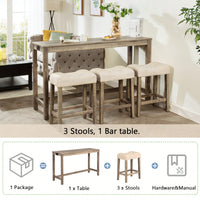 4-Piece Brown Bar Table Set With Power Outlet And 3 Padded Stools For Dining Room, Living Room And Game Room