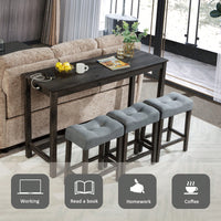 4-Piece Brown Bar Table Set With Power Outlet And 3 Padded Stools For Dining Room, Living Room And Game Room