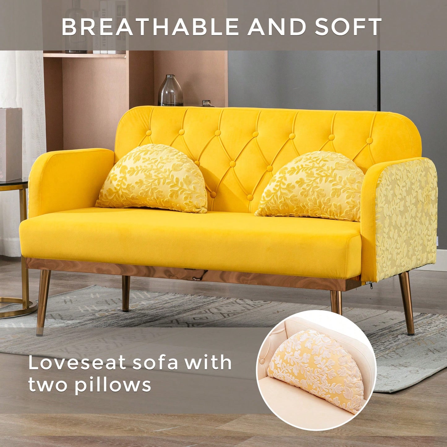 Comfy Orange Velvet Loveseat Sofa With Gold Metal Legs For Living Room And Bedroom Accent