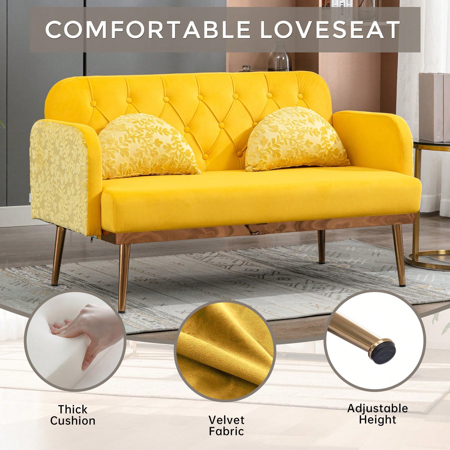 Comfy Orange Velvet Loveseat Sofa With Gold Metal Legs For Living Room And Bedroom Accent