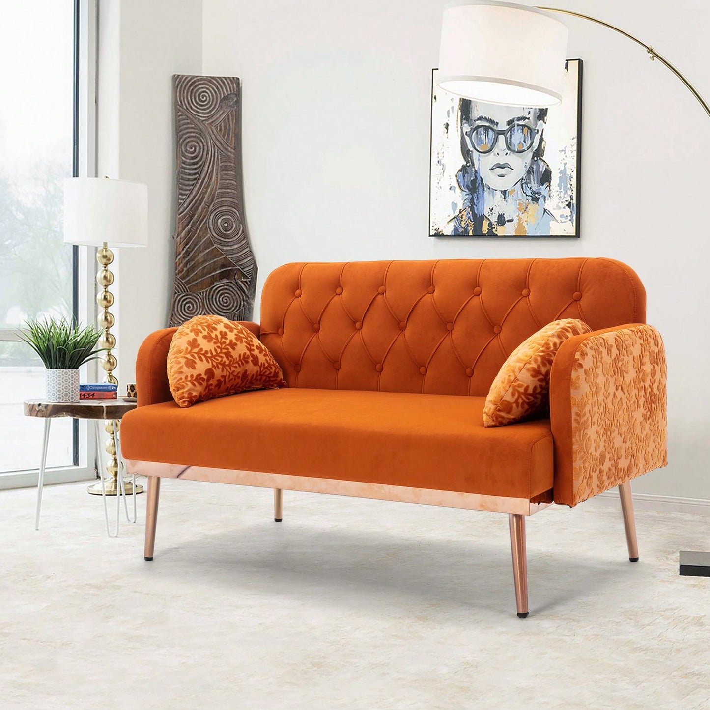 Comfy Orange Velvet Loveseat Sofa With Gold Metal Legs For Living Room And Bedroom Accent