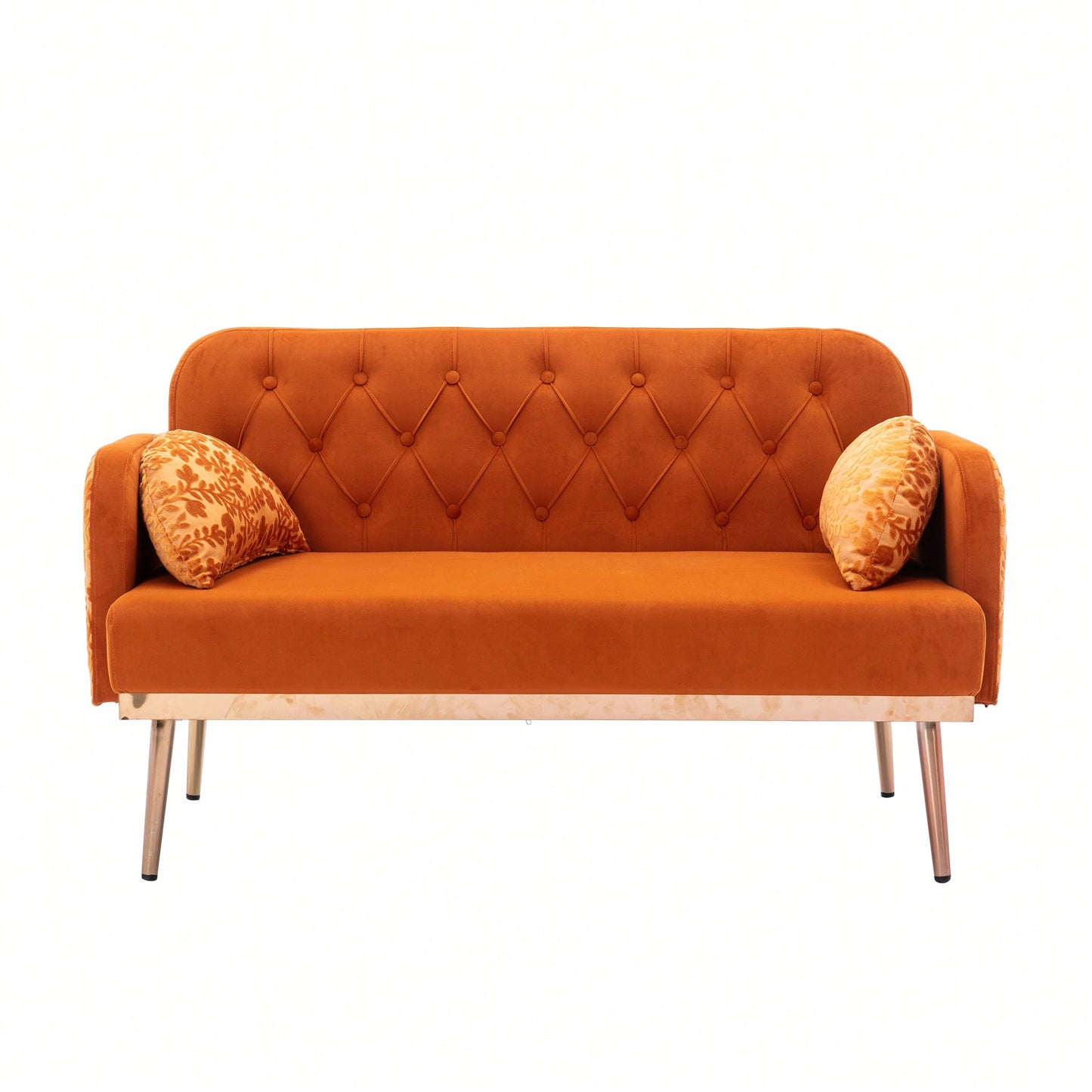 Comfy Orange Velvet Loveseat Sofa With Gold Metal Legs For Living Room And Bedroom Accent