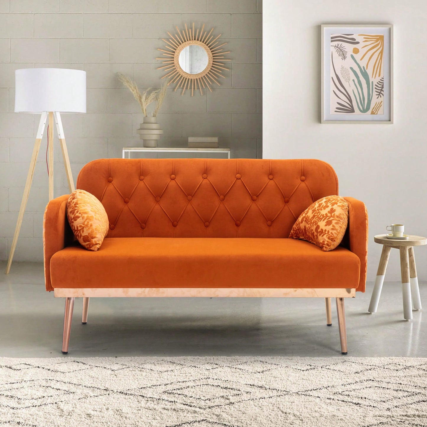 Comfy Orange Velvet Loveseat Sofa With Gold Metal Legs For Living Room And Bedroom Accent