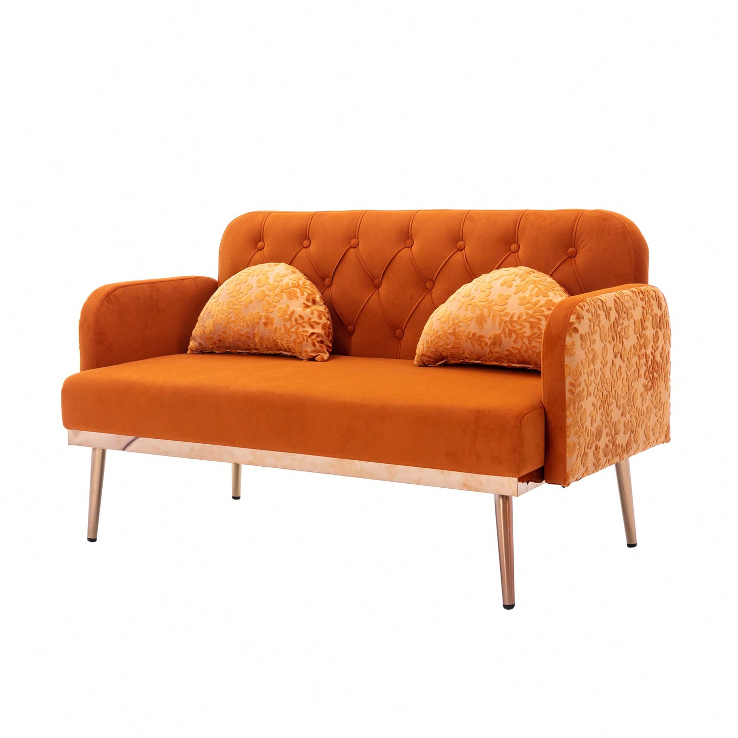 Comfy Orange Velvet Loveseat Sofa With Gold Metal Legs For Living Room And Bedroom Accent