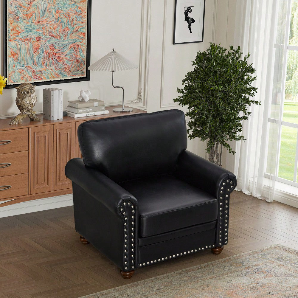 Elegant Black Faux Leather Single Seat Sofa Chair With Wooden Legs For Living Room