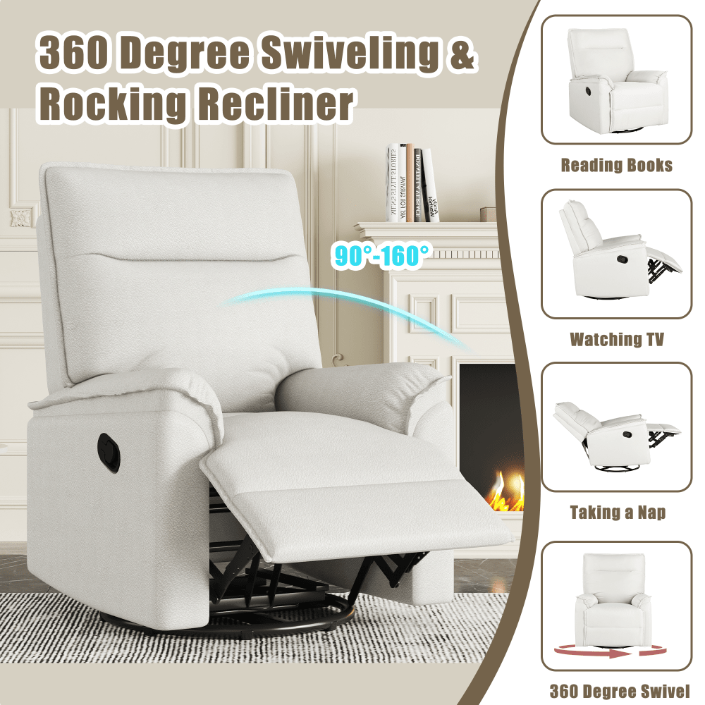 360 Degree Swivel Upholstered Manual Recliner Chair For Living Room Theater Nursery Glider Rocker Beige