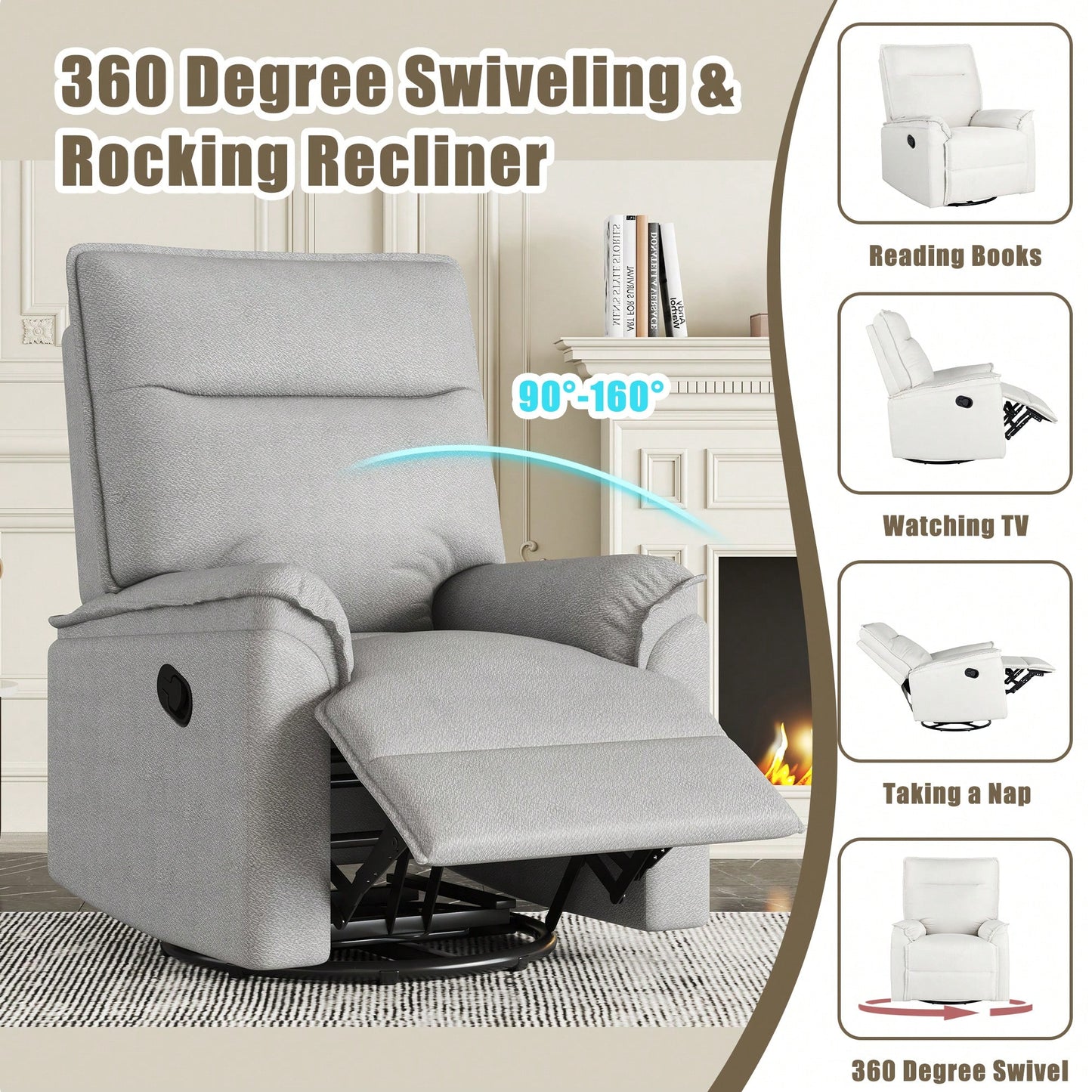 360 Degree Swivel Upholstered Manual Recliner Chair For Living Room Theater Nursery Glider Rocker Beige