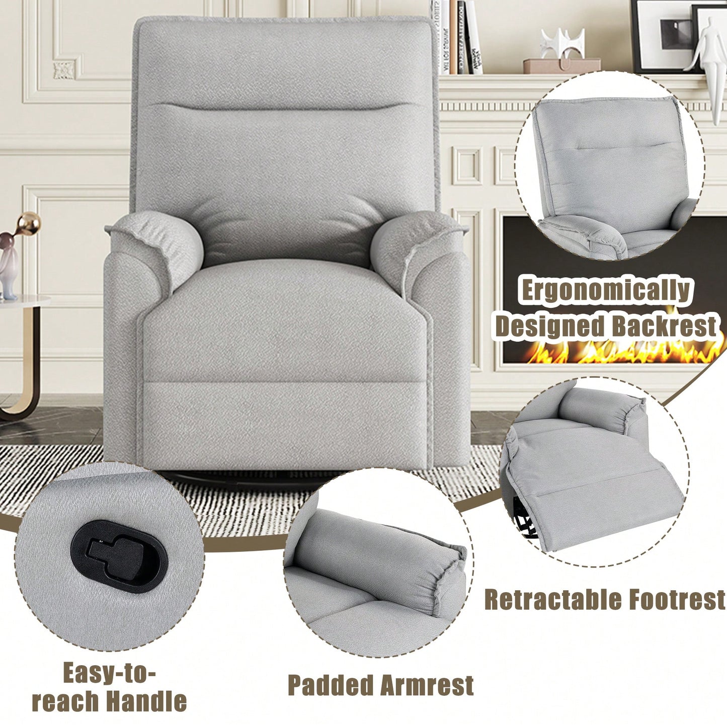 360 Degree Swivel Upholstered Manual Recliner Chair For Living Room Theater Nursery Glider Rocker Beige