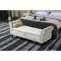 63 Inch Velvet Multifunctional Storage Rectangular Sofa Stool With Button Tufting Nailhead Trim Solid Wood Legs And Pillow In Grey