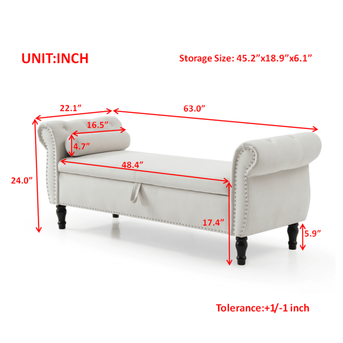 63 Inch Velvet Multifunctional Storage Rectangular Sofa Stool With Button Tufting Nailhead Trim Solid Wood Legs And Pillow In Grey