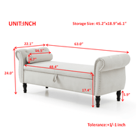 63 Inch Velvet Multifunctional Storage Rectangular Sofa Stool With Button Tufting Nailhead Trim Solid Wood Legs And Pillow In Grey