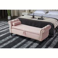 63 Inch Velvet Multifunctional Storage Rectangular Sofa Stool With Button Tufting Nailhead Trim Solid Wood Legs And Pillow In Grey