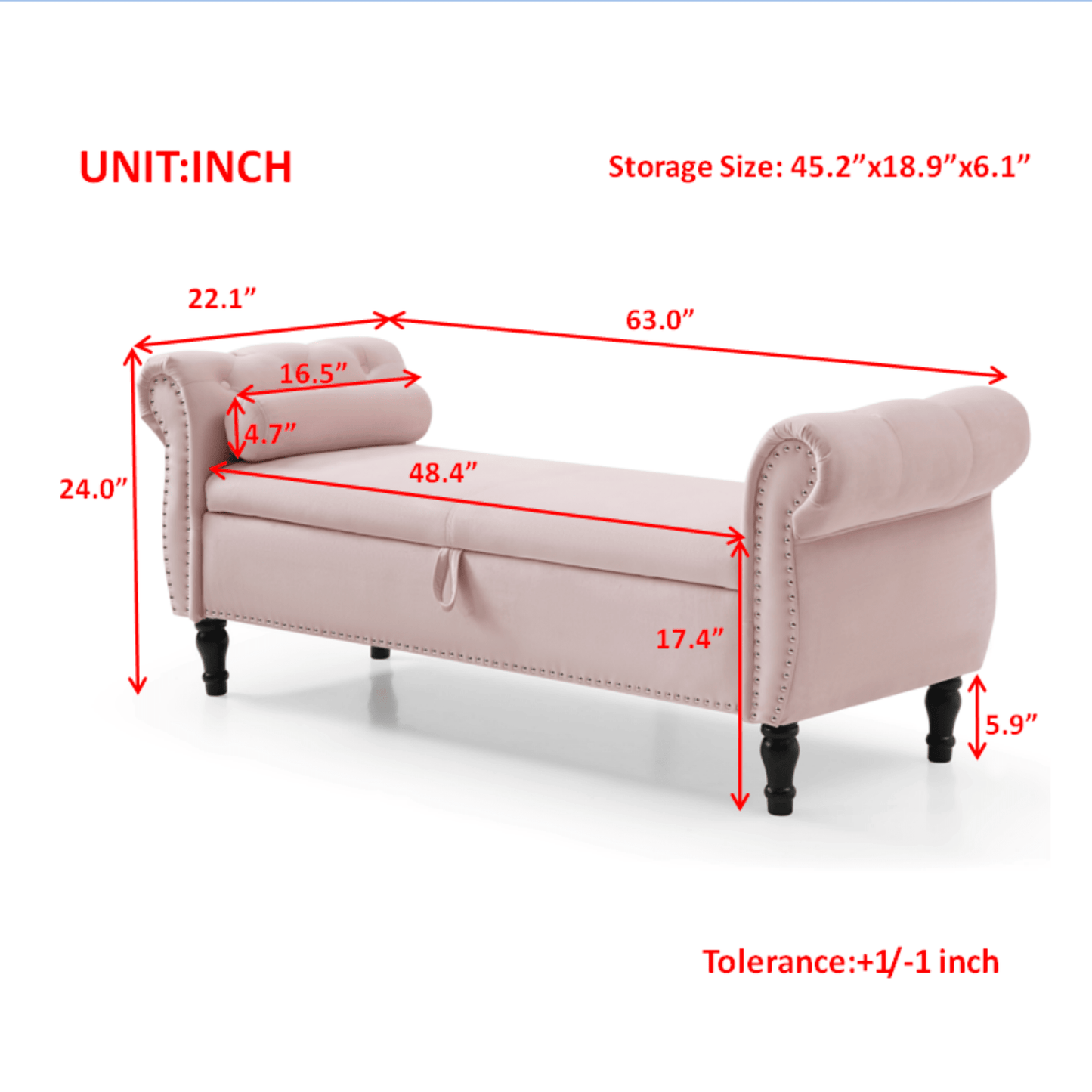 63 Inch Velvet Multifunctional Storage Rectangular Sofa Stool With Button Tufting Nailhead Trim Solid Wood Legs And Pillow In Grey