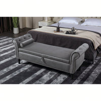 63 Inch Velvet Multifunctional Storage Rectangular Sofa Stool With Button Tufting Nailhead Trim Solid Wood Legs And Pillow In Grey