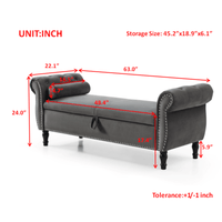 63 Inch Velvet Multifunctional Storage Rectangular Sofa Stool With Button Tufting Nailhead Trim Solid Wood Legs And Pillow In Grey