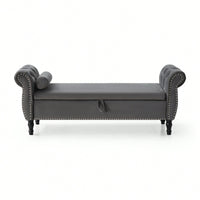 63 Inch Velvet Multifunctional Storage Rectangular Sofa Stool With Button Tufting Nailhead Trim Solid Wood Legs And Pillow In Grey