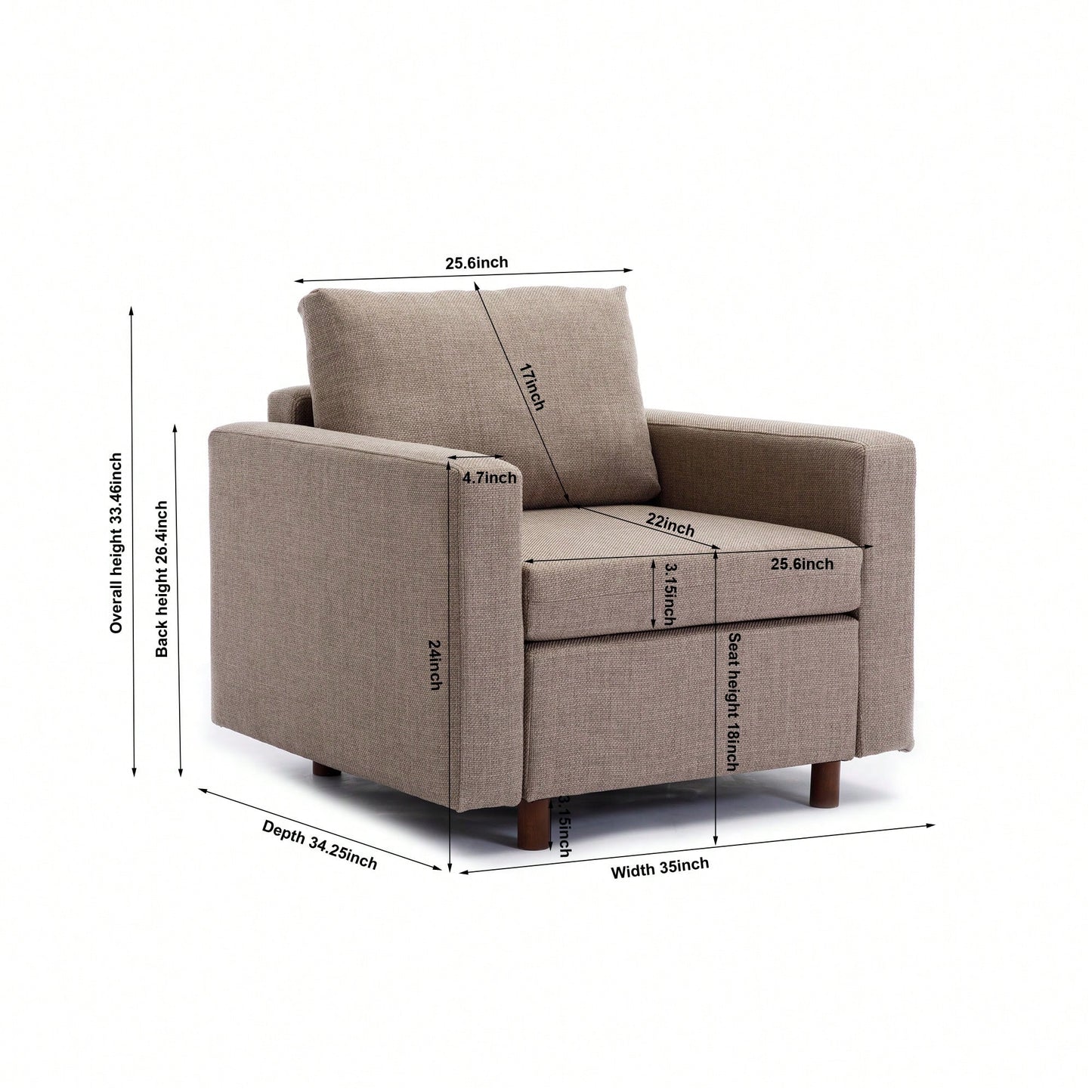 Single Seat Modular Sofa Sectional Couch With Non-Removable Non-Washable Cushion Covers Cream