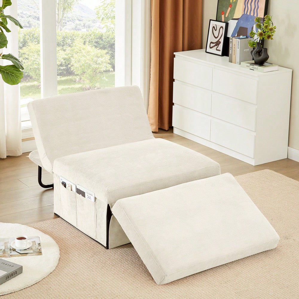 Versatile Corduroy Sleeper Sofa Bed With Reclining Backrest For Living Room And Bedroom, 4 In 1 Convertible Lounge Couch, White