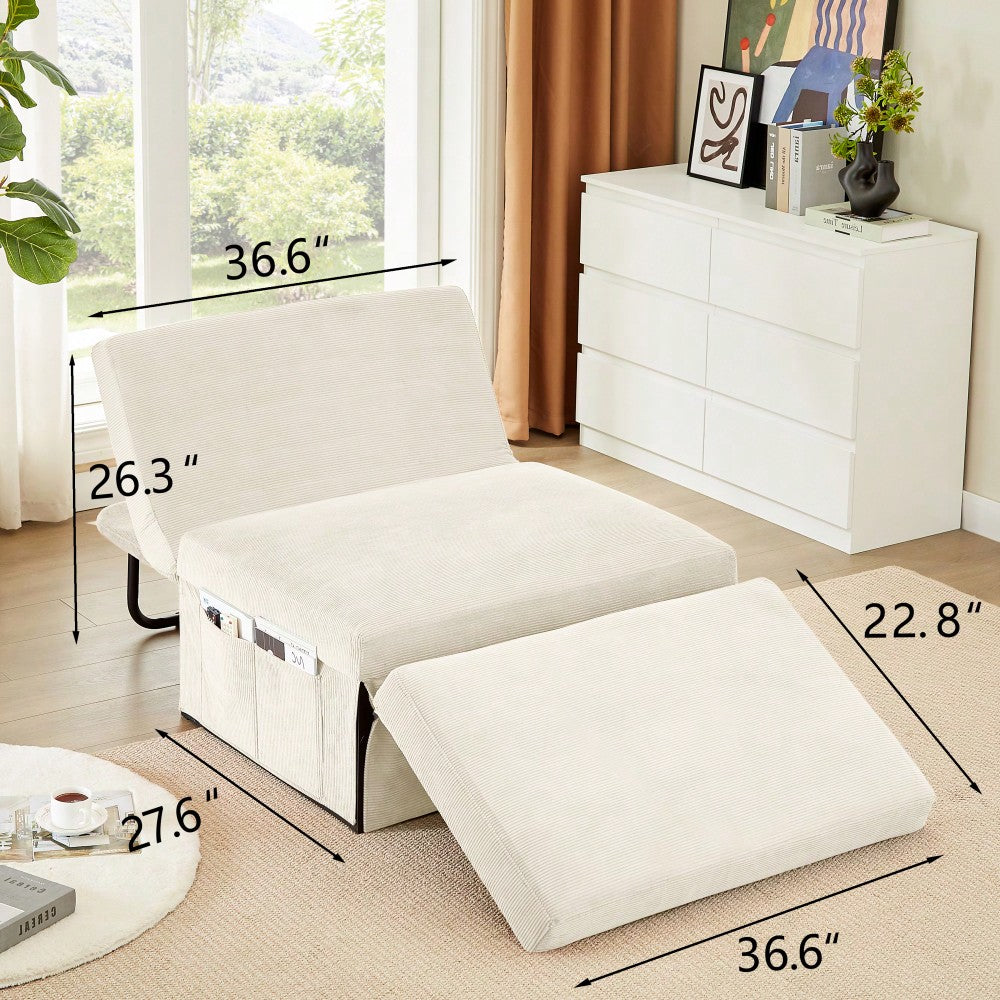 Versatile Corduroy Sleeper Sofa Bed With Reclining Backrest For Living Room And Bedroom, 4 In 1 Convertible Lounge Couch, White