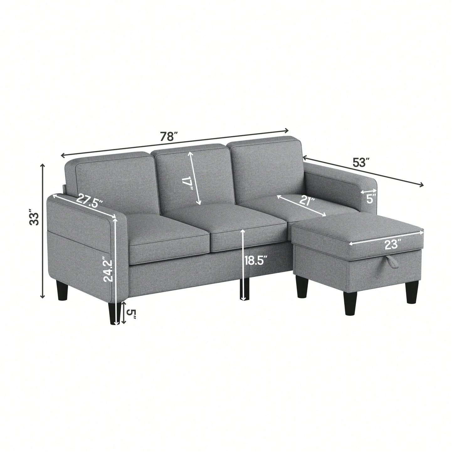 L-Shaped Sofa For Families And Compact Spaces With 3 Seater Lounge And 680 LBS Capacity Light Grey