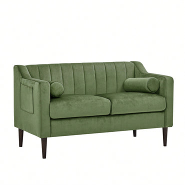 Elegant Velvet Upholstered Mid Century Modern Chesterfield Love Seat Sofa For Living Room Bedroom Office Green 2-Seater