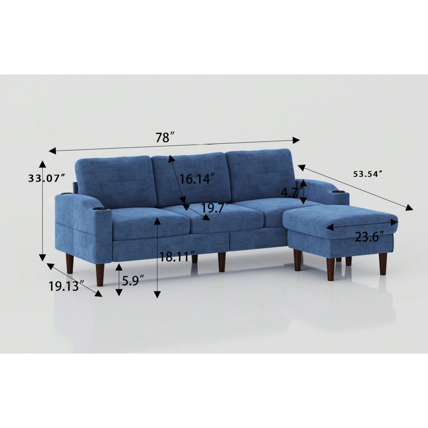 L-Shaped Convertible Sofa With Storage And Footstool For Living Room Bedroom Office Small Spaces Navy Blue 3-Seater Combination Furniture