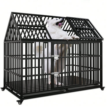 Heavy Duty Large Dog Crate With Top Open Design 2 Doors 4 Lockable Wheels And 2 Removable Trays For Strong Metal Kennel