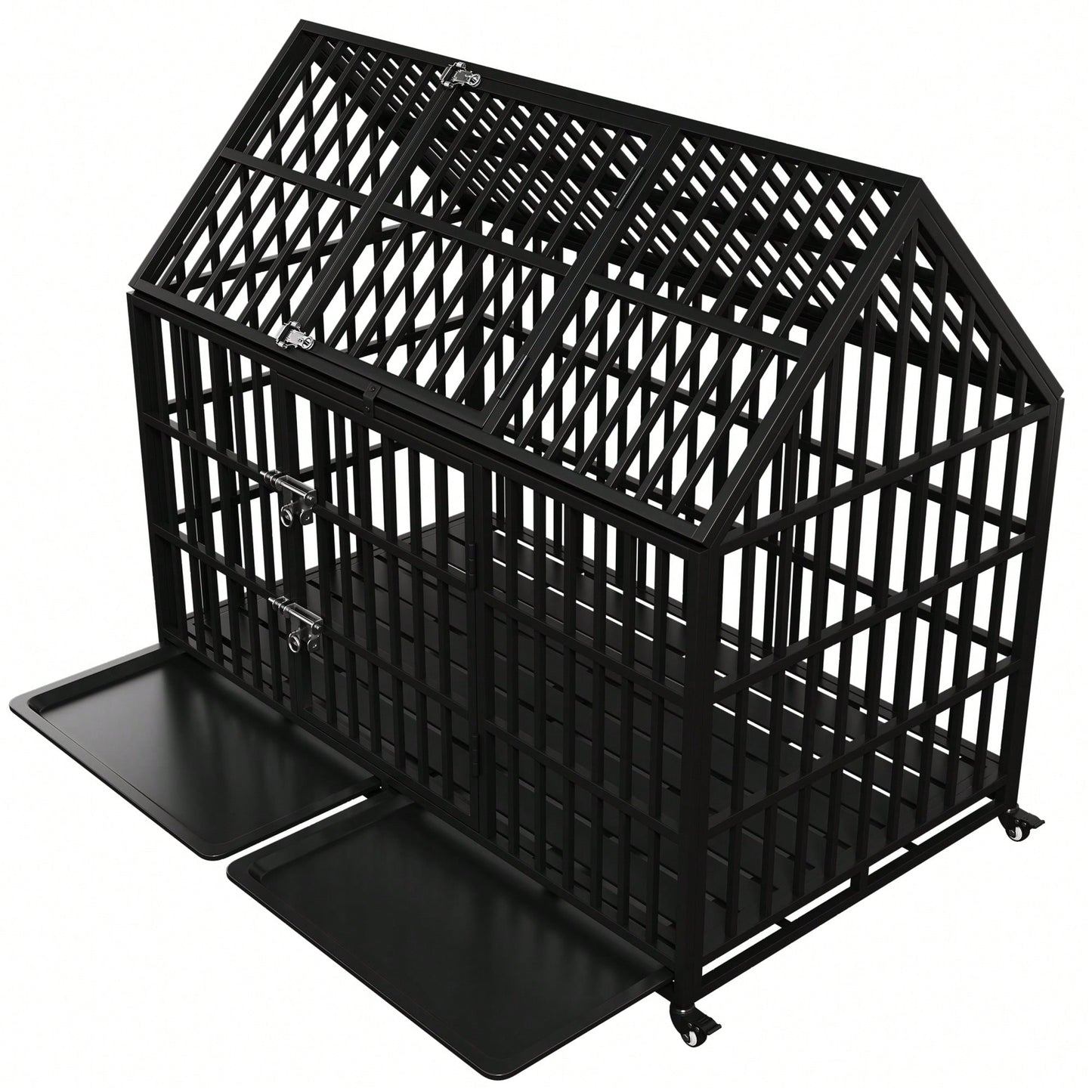 Heavy Duty Large Dog Crate With Top Open Design 2 Doors 4 Lockable Wheels And 2 Removable Trays For Strong Metal Kennel