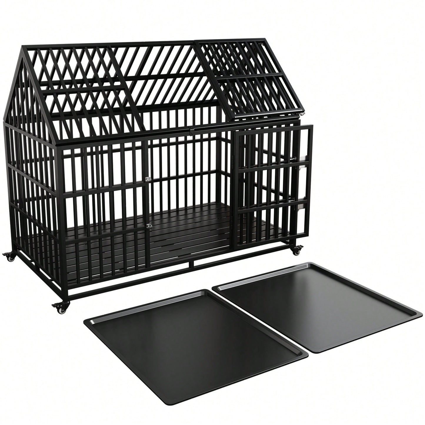 Heavy Duty Large Dog Crate With Top Open Design 2 Doors 4 Lockable Wheels And 2 Removable Trays For Strong Metal Kennel