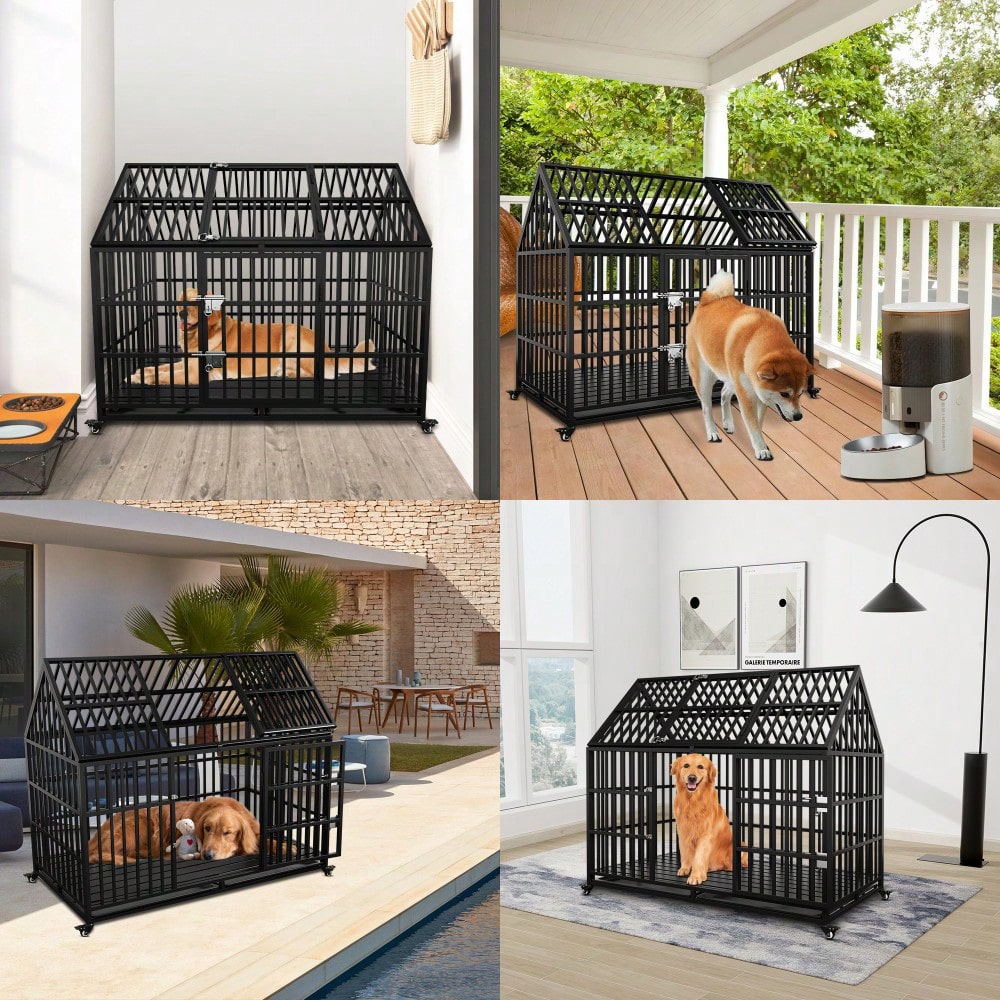 Heavy Duty Large Dog Crate With Top Open Design 2 Doors 4 Lockable Wheels And 2 Removable Trays For Strong Metal Kennel