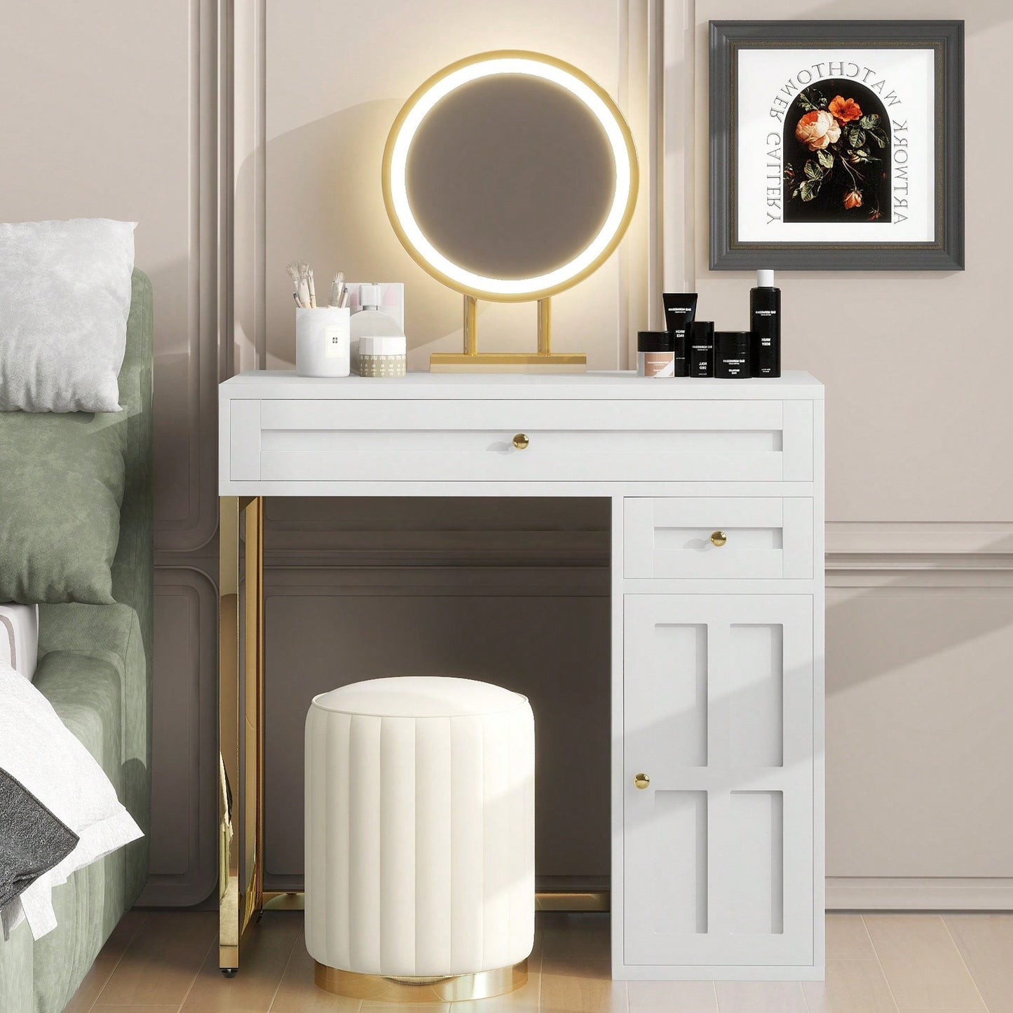 Elegant 31.5 Inch Makeup Vanity With Illuminated Mirror And Storage Drawers, 3 Adjustable Lighting Modes For Bedroom Decor In White And Gold