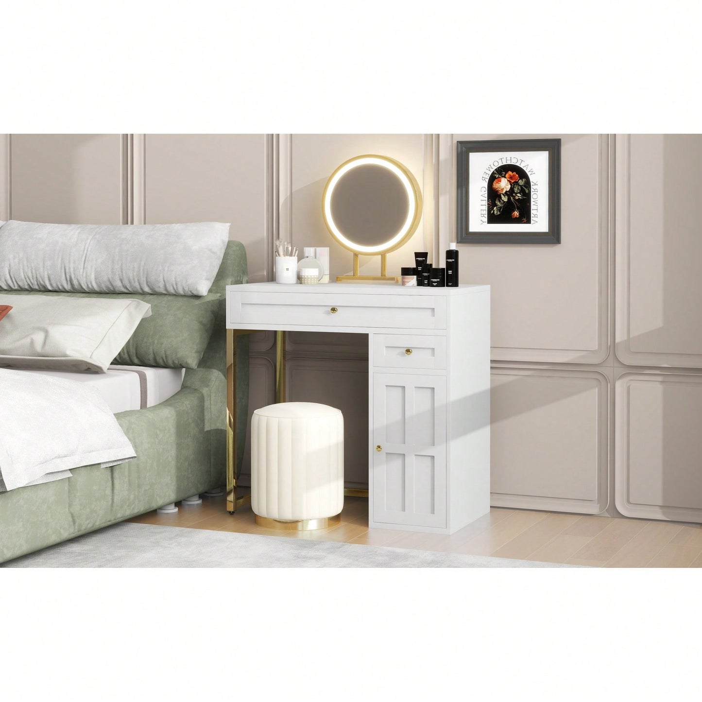 Elegant 31.5 Inch Makeup Vanity With Illuminated Mirror And Storage Drawers, 3 Adjustable Lighting Modes For Bedroom Decor In White And Gold