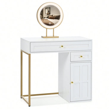 Elegant 31.5 Inch Makeup Vanity With Illuminated Mirror And Storage Drawers, 3 Adjustable Lighting Modes For Bedroom Decor In White And Gold