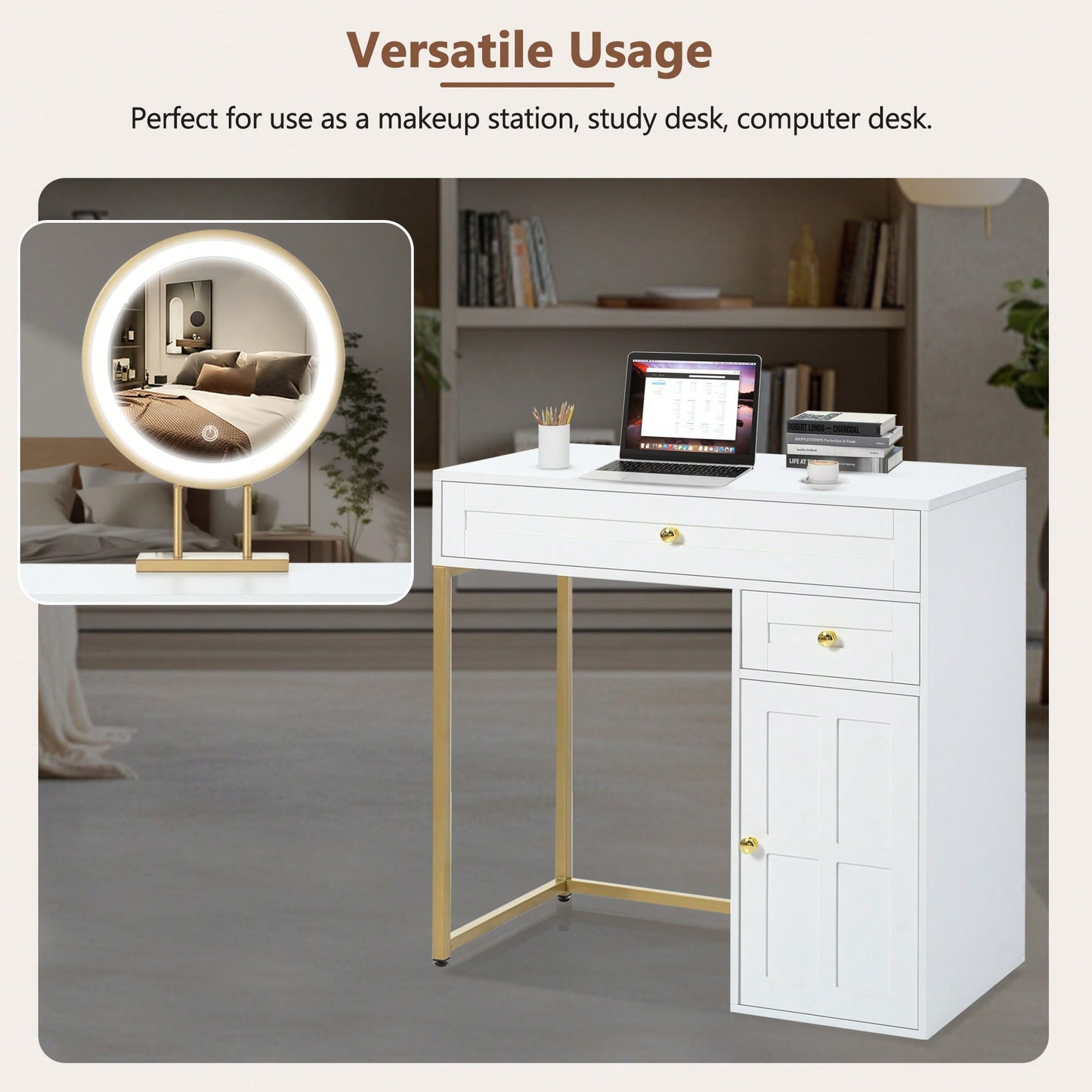 Elegant 31.5 Inch Makeup Vanity With Illuminated Mirror And Storage Drawers, 3 Adjustable Lighting Modes For Bedroom Decor In White And Gold